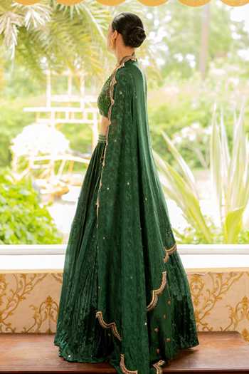 Shop_17:17 By Simmi Saboo_Green Silk, Cotton Embroidery, Sequins Sweetheart Floral Blouse And Lehenga Set _at_Aza_Fashions