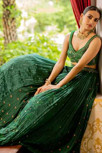 Buy_17:17 By Simmi Saboo_Green Silk, Cotton Embroidery, Sequins Sweetheart Floral Blouse And Lehenga Set _Online_at_Aza_Fashions