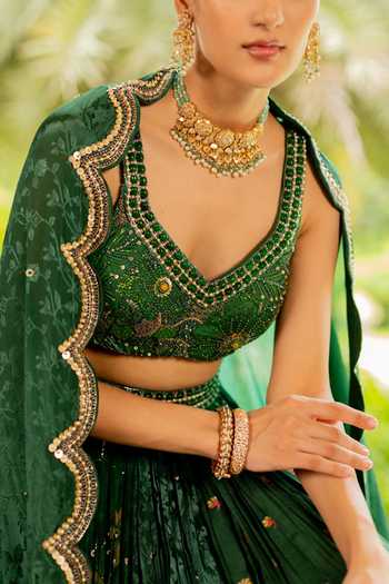 17:17 By Simmi Saboo_Green Silk, Cotton Embroidery, Sequins Sweetheart Floral Blouse And Lehenga Set _at_Aza_Fashions