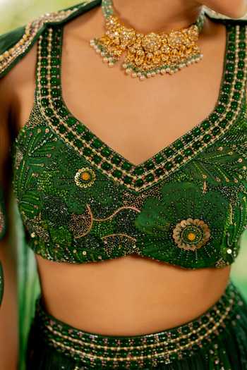 Buy_17:17 By Simmi Saboo_Green Silk, Cotton Embroidery, Sequins Sweetheart Floral Blouse And Lehenga Set 
