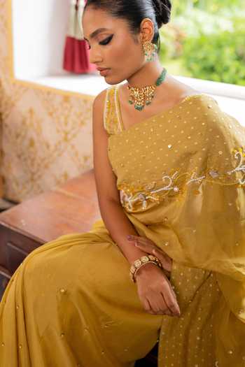 Shop_17:17 By Simmi Saboo_Gold Organza Sequins, Mirrors Patchwork Saree And Bralette Set _at_Aza_Fashions