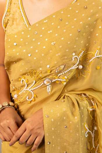 Buy_17:17 By Simmi Saboo_Gold Organza Sequins, Mirrors Patchwork Saree And Bralette Set _Online_at_Aza_Fashions