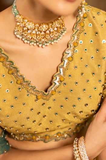 17:17 By Simmi Saboo_Green Organza Cut Work, Embroidery, V-neck Polka Dot Lehenga Set _at_Aza_Fashions