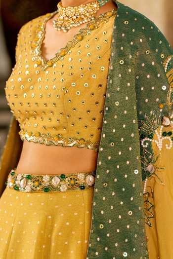 Buy_17:17 By Simmi Saboo_Green Organza Cut Work, Embroidery, V-neck Polka Dot Lehenga Set 