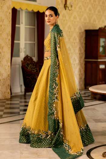 Shop_17:17 By Simmi Saboo_Green Organza Cut Work, Embroidery, V-neck Polka Dot Lehenga Set _at_Aza_Fashions