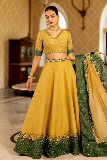 Buy_17:17 By Simmi Saboo_Green Organza Cut Work, Embroidery, V-neck Polka Dot Lehenga Set _at_Aza_Fashions