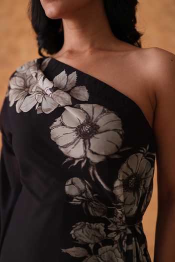 Pouli Pret_Black Georgette One Shoulder Printed Dress _Online_at_Aza_Fashions
