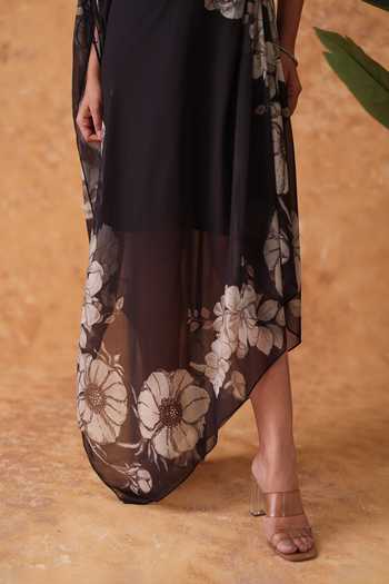 Buy_Pouli Pret_Black Georgette One Shoulder Printed Dress _Online_at_Aza_Fashions