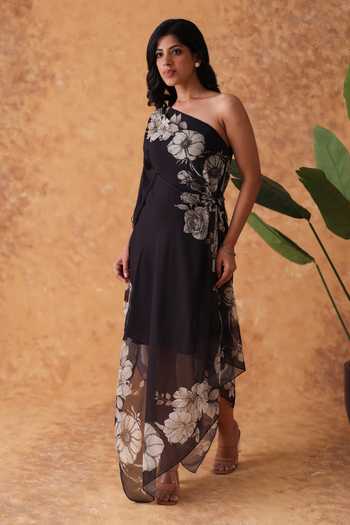 Shop_Pouli Pret_Black Georgette One Shoulder Printed Dress _Online_at_Aza_Fashions