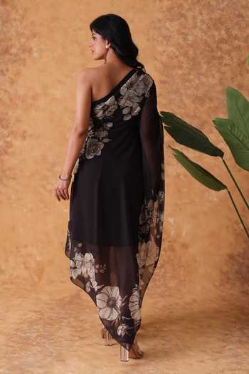 Shop_Pouli Pret_Black Georgette One Shoulder Printed Dress _at_Aza_Fashions