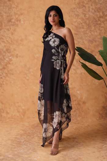 Buy_Pouli Pret_Black Georgette One Shoulder Printed Dress 