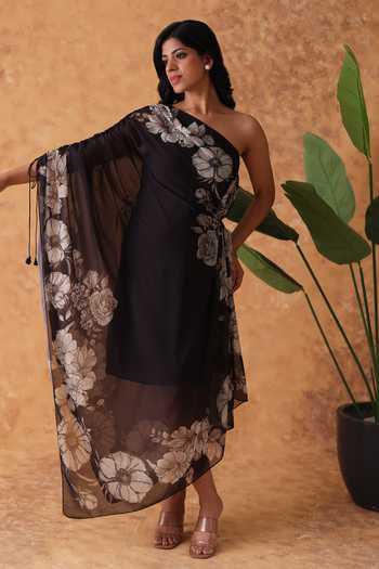 Buy_Pouli Pret_Black Georgette One Shoulder Printed Dress _at_Aza_Fashions