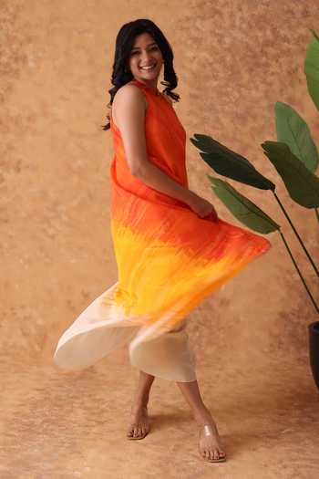 Pouli Pret_Multi Color Crepe Piping Halter Neck Sunset Ombre Dress _Online_at_Aza_Fashions