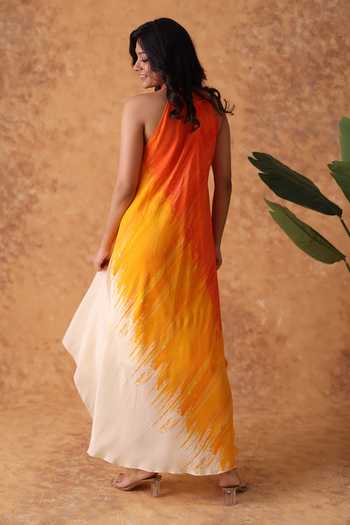 Shop_Pouli Pret_Multi Color Crepe Piping Halter Neck Sunset Ombre Dress _at_Aza_Fashions
