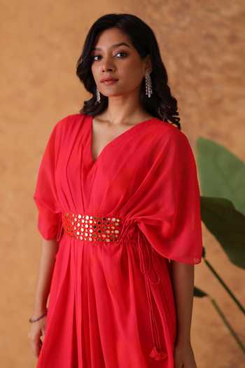 Pouli Pret_Pink Georgette Mirrors V-neck Embroidered Mock Belt Dress _Online_at_Aza_Fashions
