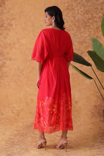 Shop_Pouli Pret_Pink Georgette Mirrors V-neck Embroidered Mock Belt Dress _at_Aza_Fashions