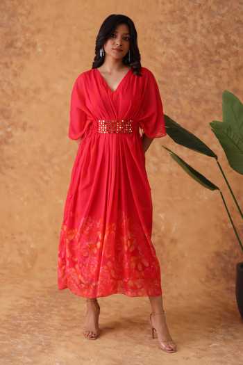 Buy_Pouli Pret_Pink Georgette Mirrors V-neck Embroidered Mock Belt Dress _Online_at_Aza_Fashions