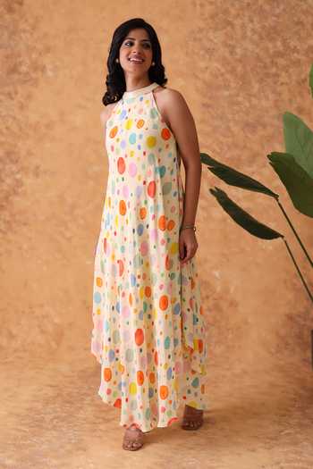 Pouli Pret_Multi Color Crepe Halter Neck Rainbow Polka Ombre Dress _Online_at_Aza_Fashions