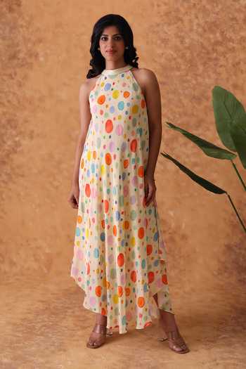 Buy_Pouli Pret_Multi Color Crepe Halter Neck Rainbow Polka Ombre Dress _at_Aza_Fashions