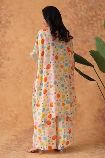 Shop_Pouli Pret_Multi Color Crepe Sequins Mandarin Collar Polka Dot Print Kurta And Pant Set _at_Aza_Fashions