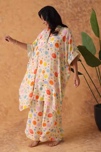 Pouli Pret_Multi Color Crepe Sequins Mandarin Collar Polka Dot Print Kurta And Pant Set _at_Aza_Fashions