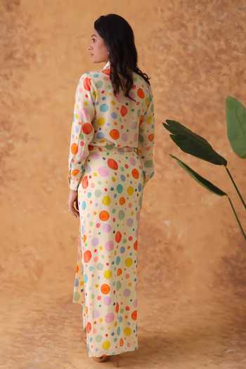 Shop_Pouli Pret_Multi Color Crepe Collared Polka Dot Print Shirt And Skirt Set _at_Aza_Fashions