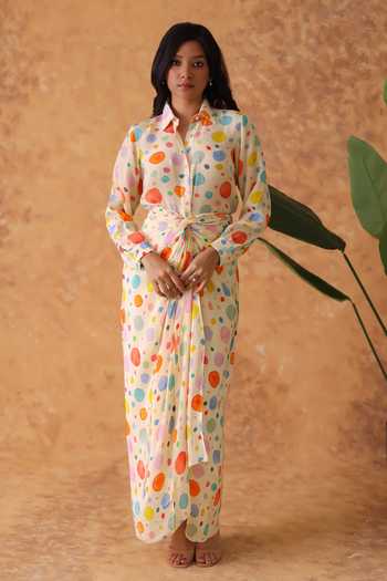 Buy_Pouli Pret_Multi Color Crepe Collared Polka Dot Print Shirt And Skirt Set _at_Aza_Fashions