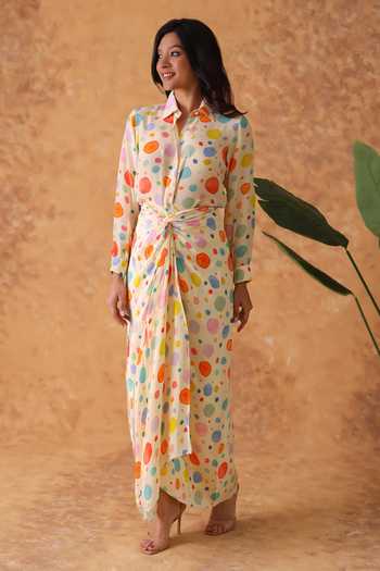 Shop_Pouli Pret_Multi Color Crepe Collared Polka Dot Print Shirt And Skirt Set _Online_at_Aza_Fashions