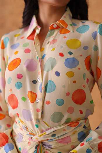 Buy_Pouli Pret_Multi Color Crepe Collared Polka Dot Print Shirt And Skirt Set 