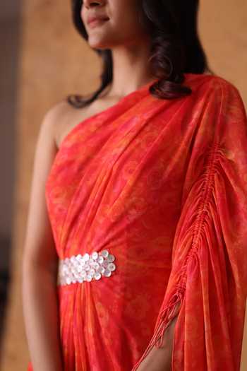 Pouli Pret_Pink Georgette Sequins, Pearls One Shoulder Rose Print Dress _Online_at_Aza_Fashions