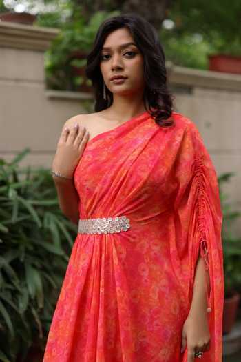 Buy_Pouli Pret_Pink Georgette Sequins, Pearls One Shoulder Rose Print Dress _Online_at_Aza_Fashions