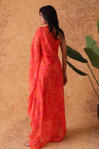 Shop_Pouli Pret_Pink Georgette Sequins, Pearls One Shoulder Rose Print Dress _at_Aza_Fashions