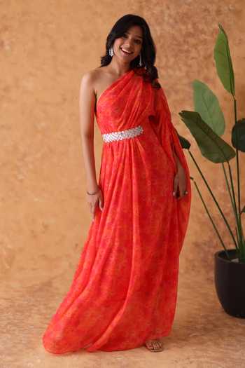 Shop_Pouli Pret_Pink Georgette Sequins, Pearls One Shoulder Rose Print Dress _Online_at_Aza_Fashions