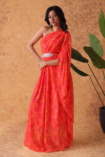 Pouli Pret_Pink Georgette Sequins, Pearls One Shoulder Rose Print Dress _at_Aza_Fashions