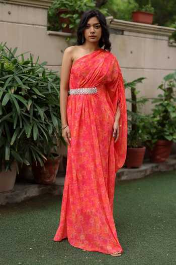 Buy_Pouli Pret_Pink Georgette Sequins, Pearls One Shoulder Rose Print Dress _at_Aza_Fashions