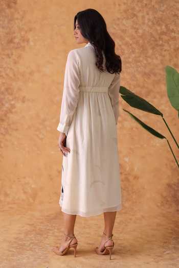 Shop_Pouli Pret_Ivory Georgette Digital Print Collared Poppy Dress _at_Aza_Fashions