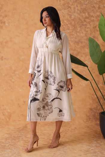 Buy_Pouli Pret_Ivory Georgette Digital Print Collared Poppy Dress _Online_at_Aza_Fashions