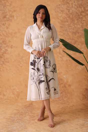 Buy_Pouli Pret_Ivory Georgette Digital Print Collared Poppy Dress _at_Aza_Fashions