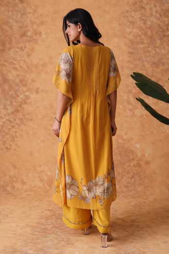 Shop_Pouli Pret_Yellow Silk, Georgette, Muslin Embroidery, Mirrors Split Kaftan And Pant Set _at_Aza_Fashions