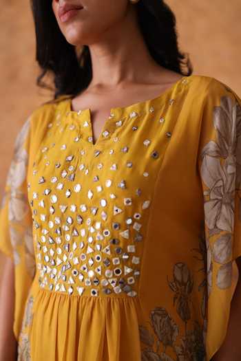Buy_Pouli Pret_Yellow Silk, Georgette, Muslin Embroidery, Mirrors Split Kaftan And Pant Set _Online_at_Aza_Fashions