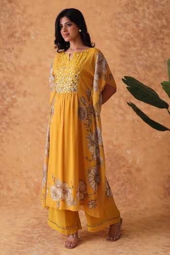 Shop_Pouli Pret_Yellow Silk, Georgette, Muslin Embroidery, Mirrors Split Kaftan And Pant Set _Online_at_Aza_Fashions