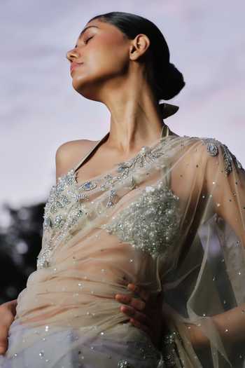 Buy_Dilnaz_Green Satin, Net, Polyester Embroidery, Sequins, Pearls Halter Neck Blouse _Online_at_Aza_Fashions