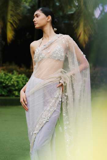 Shop_Dilnaz_Green Satin, Net, Polyester Embroidery, Sequins, Pearls Halter Neck Blouse _Online_at_Aza_Fashions