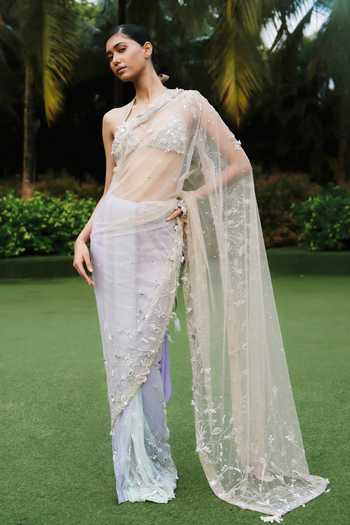 Dilnaz_Green Satin, Net, Polyester Embroidery, Sequins, Pearls Halter Neck Blouse _at_Aza_Fashions