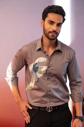 Buy_Heartistry by Anky_Grey Pure Cotton Embroidery, Sequins The Visionary Shirt _at_Aza_Fashions