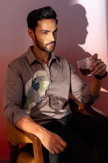Heartistry by Anky_Grey Pure Cotton Embroidery, Sequins The Visionary Shirt _Online_at_Aza_Fashions