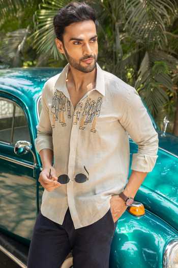Shop_Heartistry by Anky_Beige Linen Embroidery Sandy Dune Hand Shirt _at_Aza_Fashions