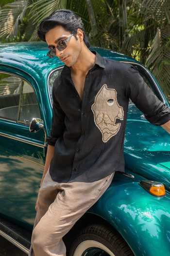 Buy_Heartistry by Anky_Black Linen Embroidery Charcoal Edge Hand Shirt _at_Aza_Fashions