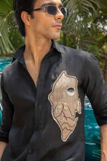 Heartistry by Anky_Black Linen Embroidery Charcoal Edge Hand Shirt _Online_at_Aza_Fashions