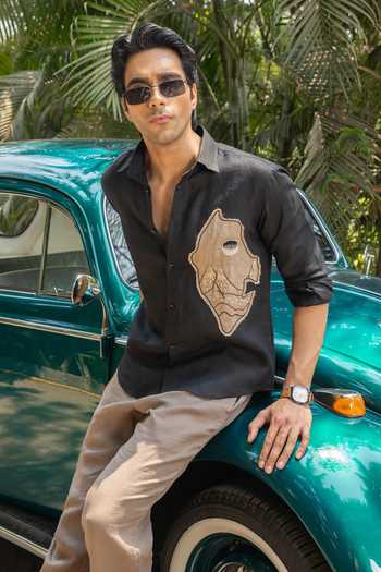 Shop_Heartistry by Anky_Black Linen Embroidery Charcoal Edge Hand Shirt _Online_at_Aza_Fashions